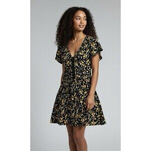 Maeve Anthropologie Summer Breeze Floral Mini Dress Black Yellow Fit Flare Small